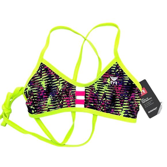 TYR DuraFast Waikiki Pacific Tieback Top Swim Top Yellow Purple - Size XS 0/2 - Picture 1 of 8